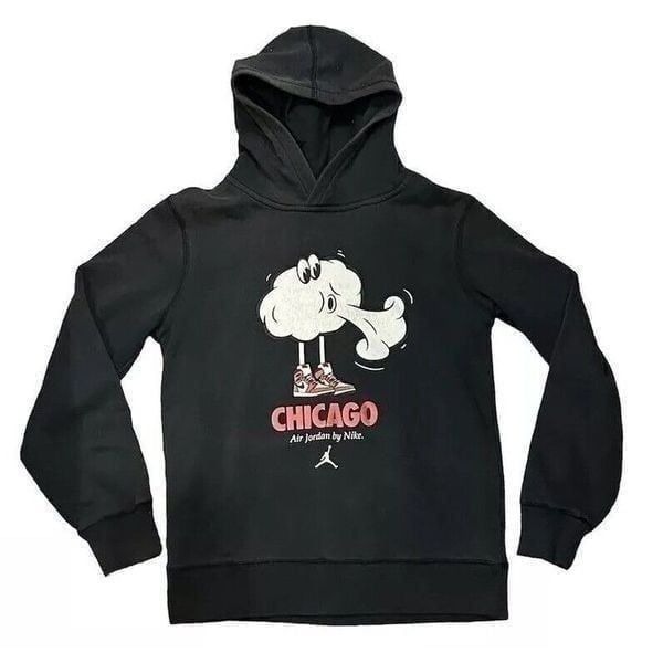 Jordan Nike Kids Black Hoodie Chicago Cartoon Graphic LS Pullover Hooded L