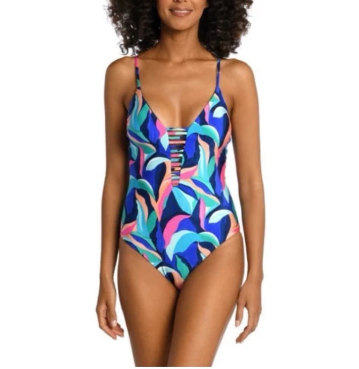 La Blanca Painted Leaves Reversible Plunge One Piece Swimsuit Size 8