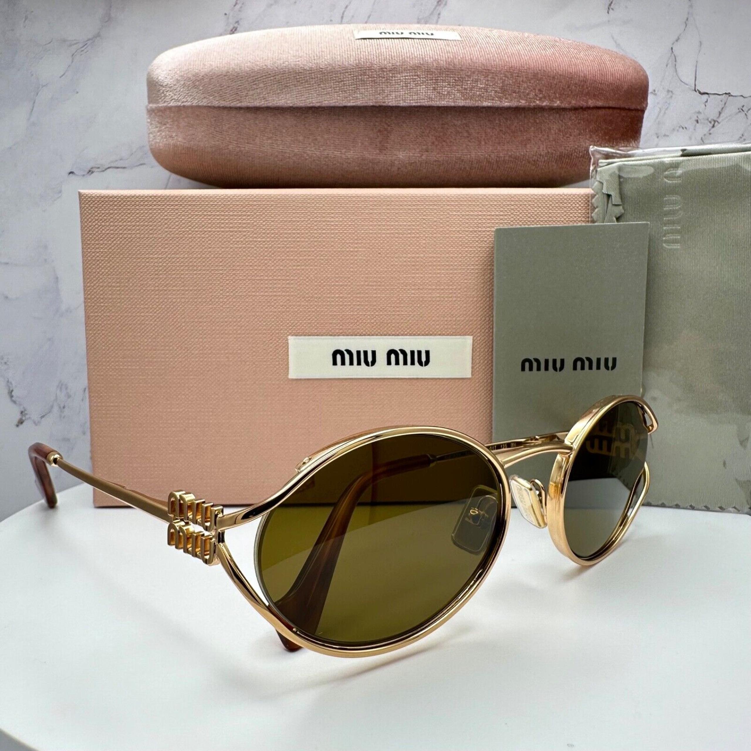 New MIU MIU Sunglasses Gold Oval Skinny Metal Frame Italy 100% Authentic