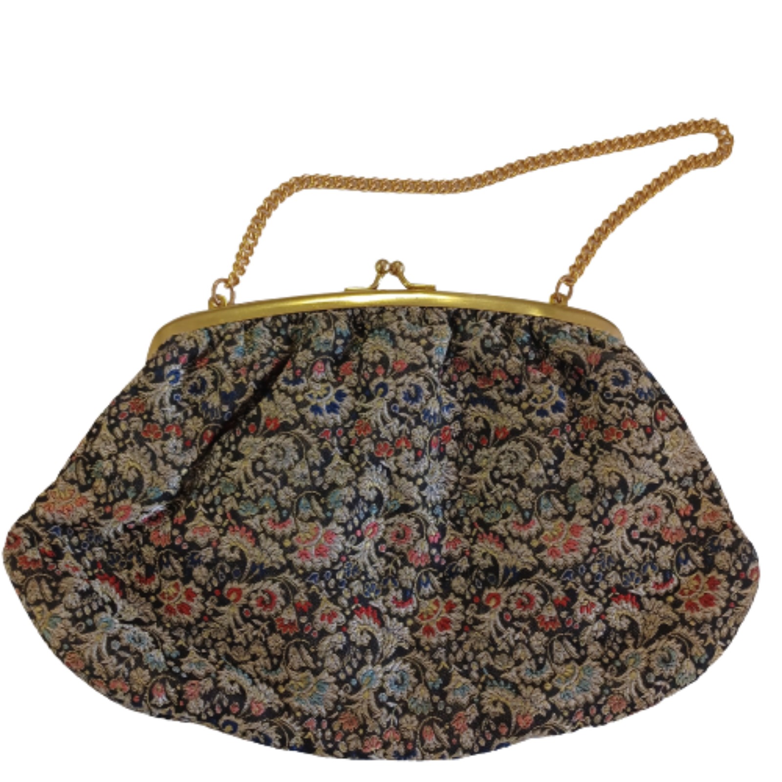 VINTAGE Tapestry Floral Black Intricate Metallic Gold Chain Clutch Handbag Purse VINTAGE Tapestry Floral Black Intricate Metallic Gold Chain Clutch Handbag Purse