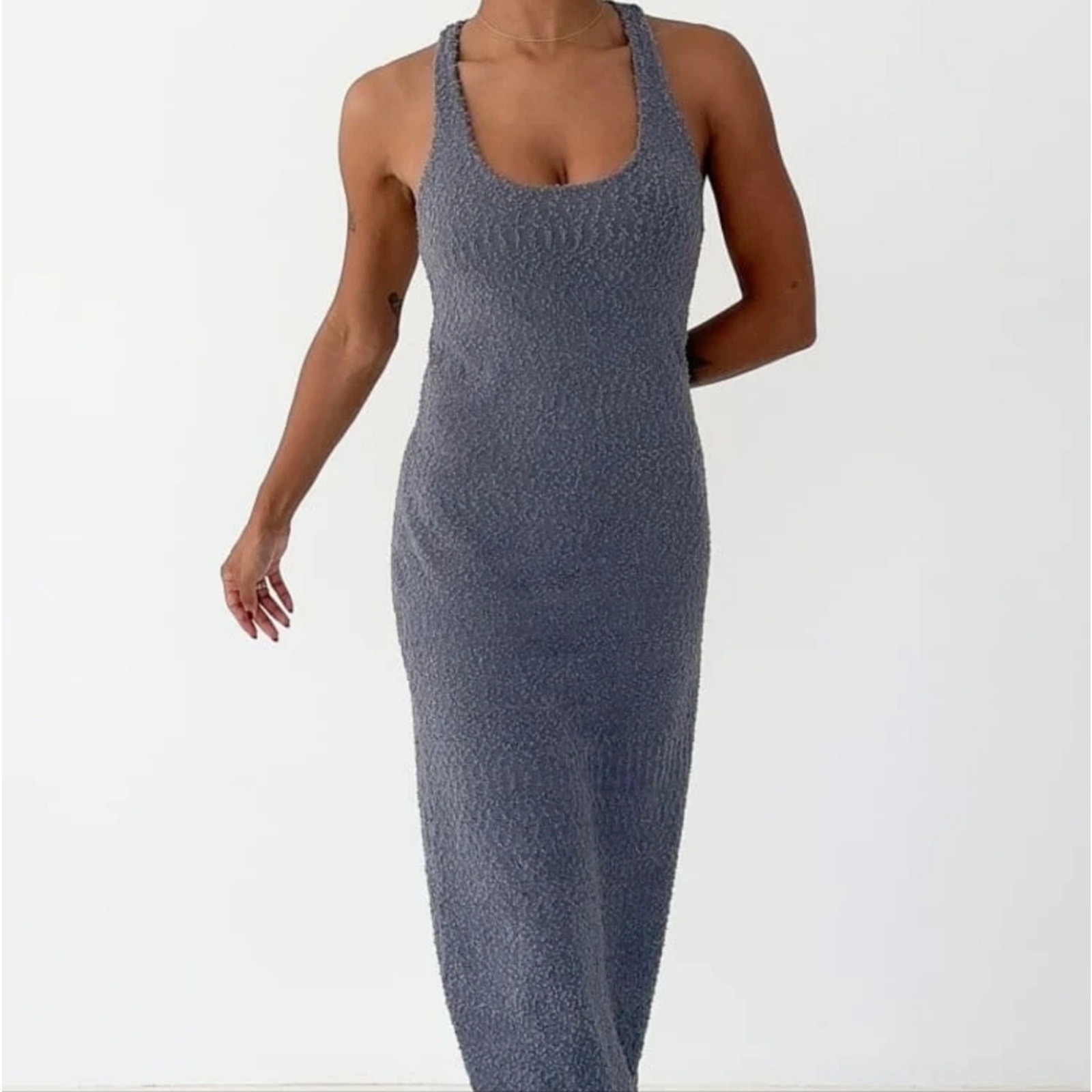 NWT Rumored Cloud Nine Racerback Textured Knit Maxi Dress In Denim Blue