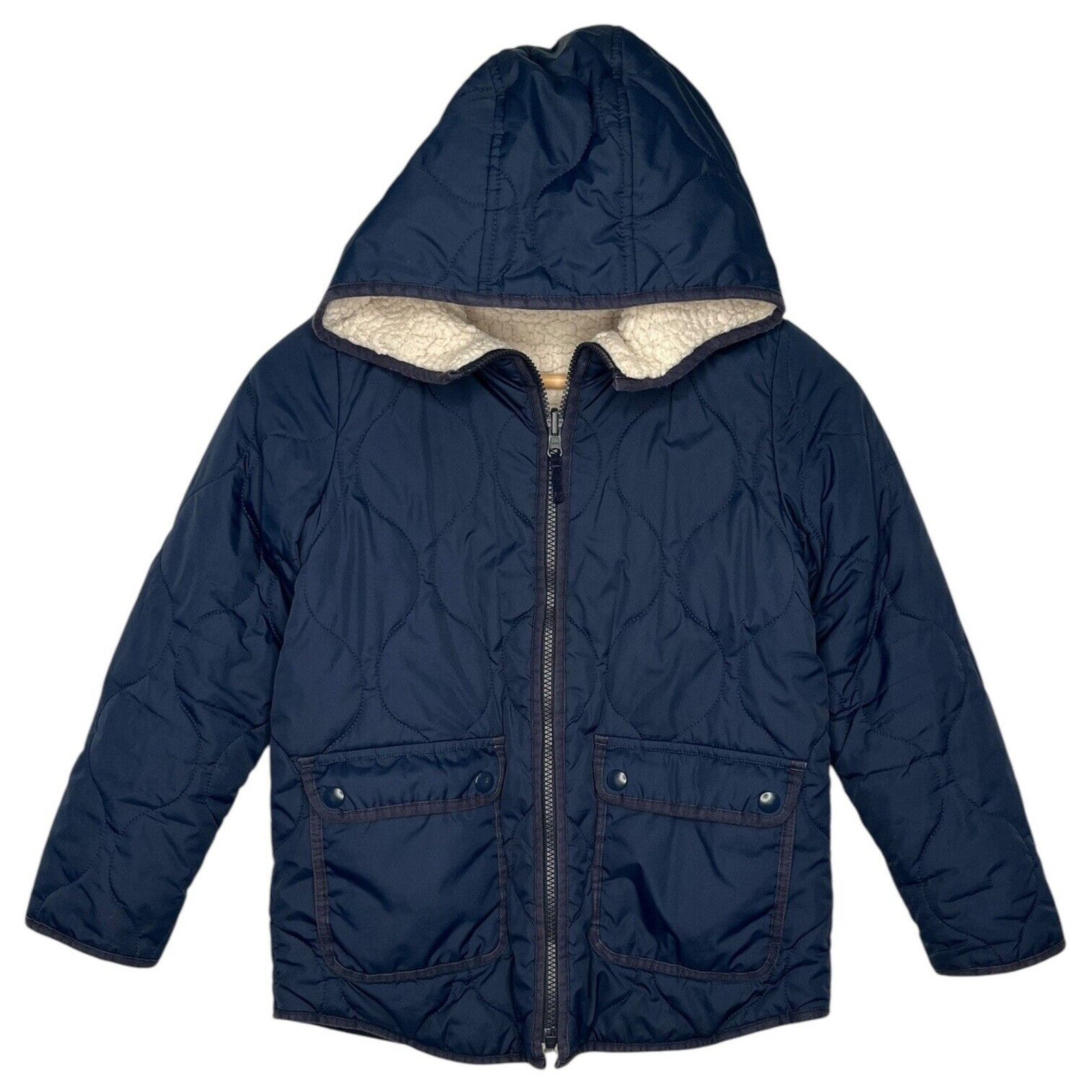 J Crew Crewcuts Boys Medium Blue Reversible Sherpa Hooded Puffer Jacket Outdoor