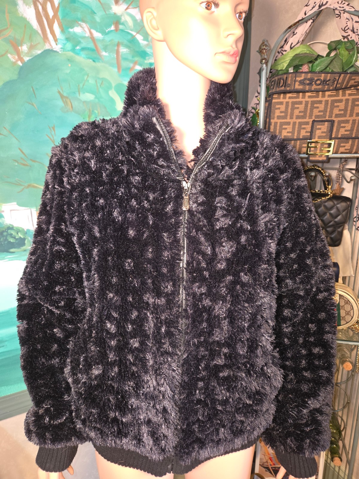 Vintage Esprit black Faux fur coat size medium Y2k