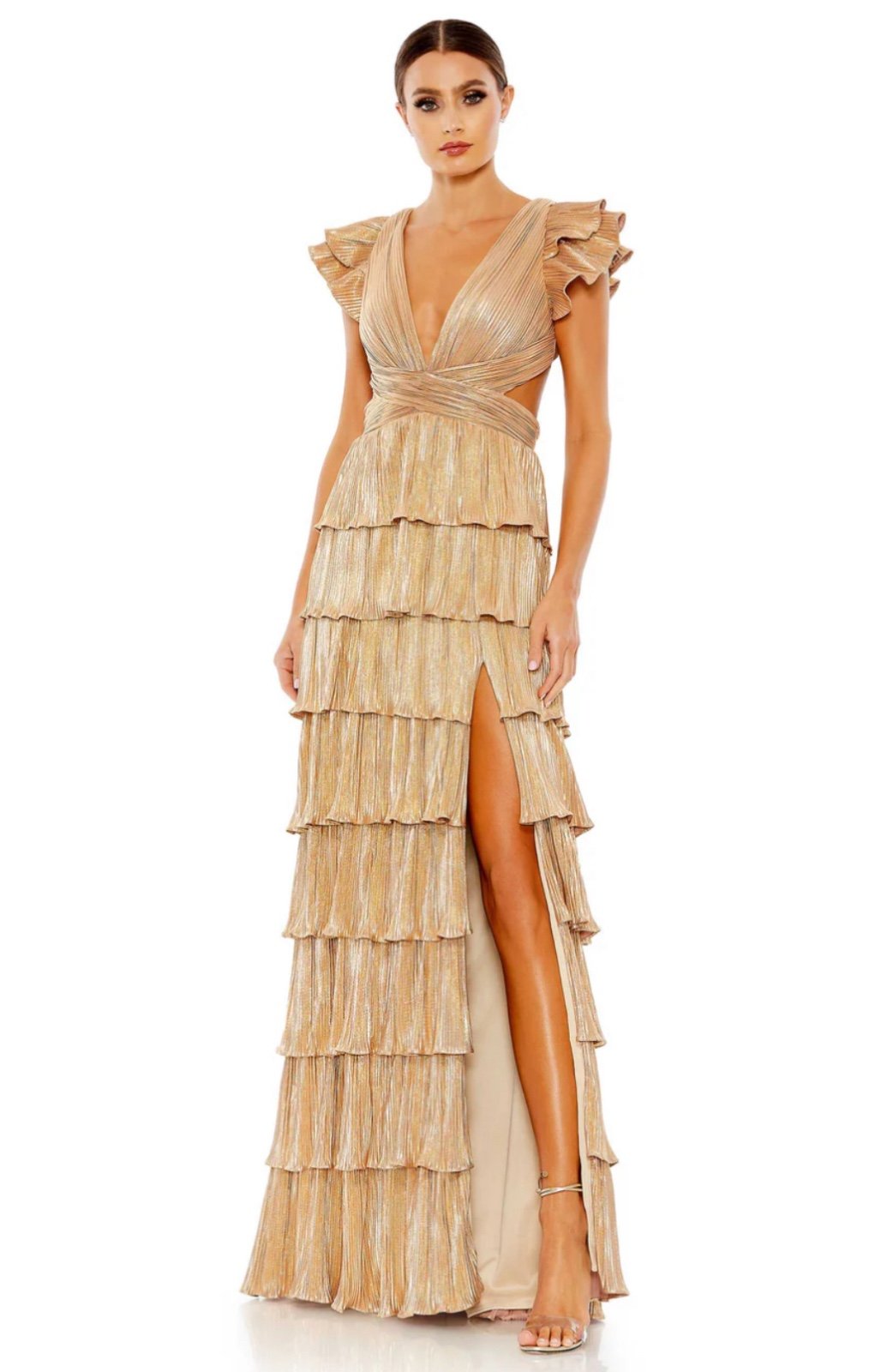 Macduggal ruffle tiered dress in gold