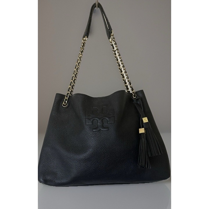 Tory Burch Thea Womens Black Pebbled Leather /Gold Chain Strap Bag-FAB Luxury