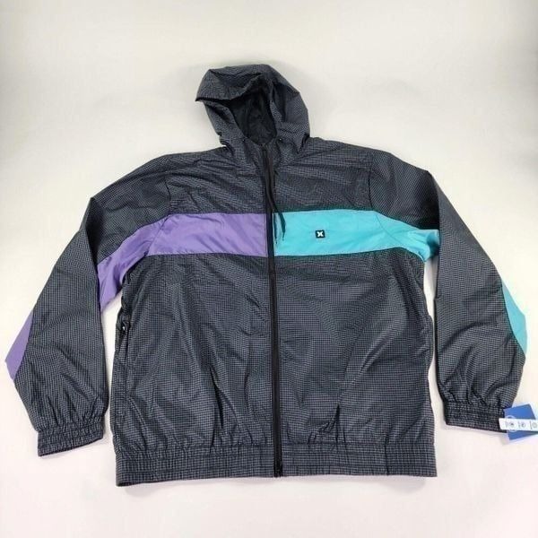 Hurley Brand Men's 90s Jack Windbreaker Jacket Size L Black & Purple Highlight