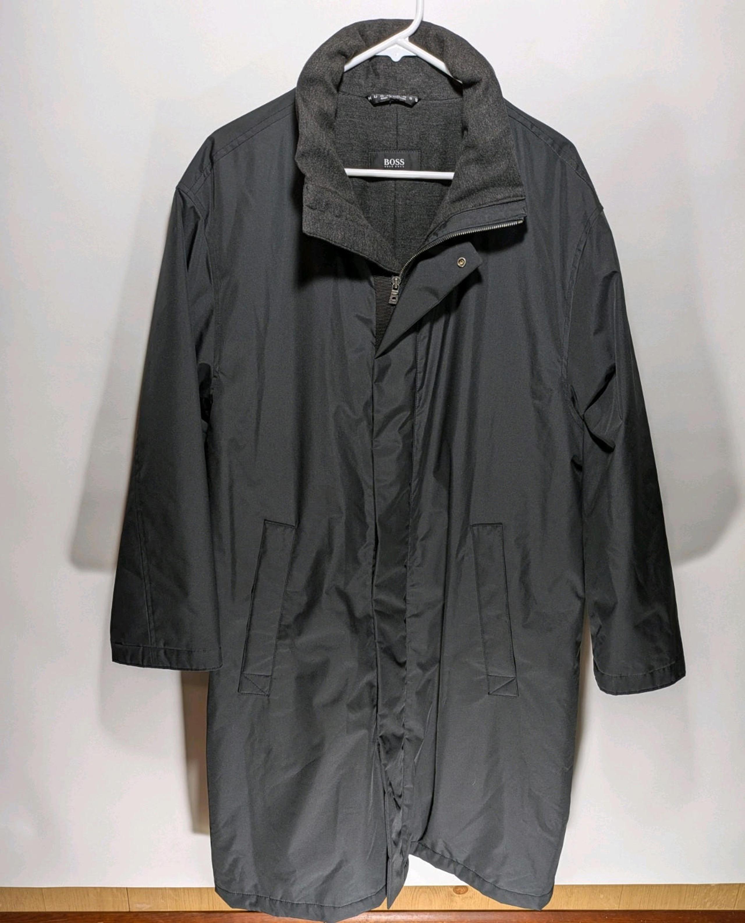 Mens Hugo Boss Stratus Virgen Wool Black Long Winter Trench Overcoat Size Medium