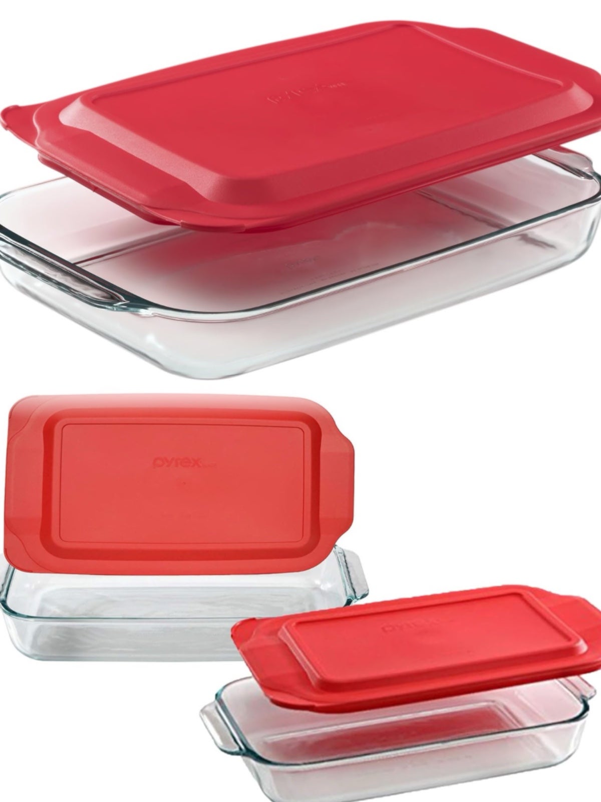 Pyrex Bundle - 6 Items: 2qt, 3qt & 4.8qt Glass Dish With Red Lid Made in the USA