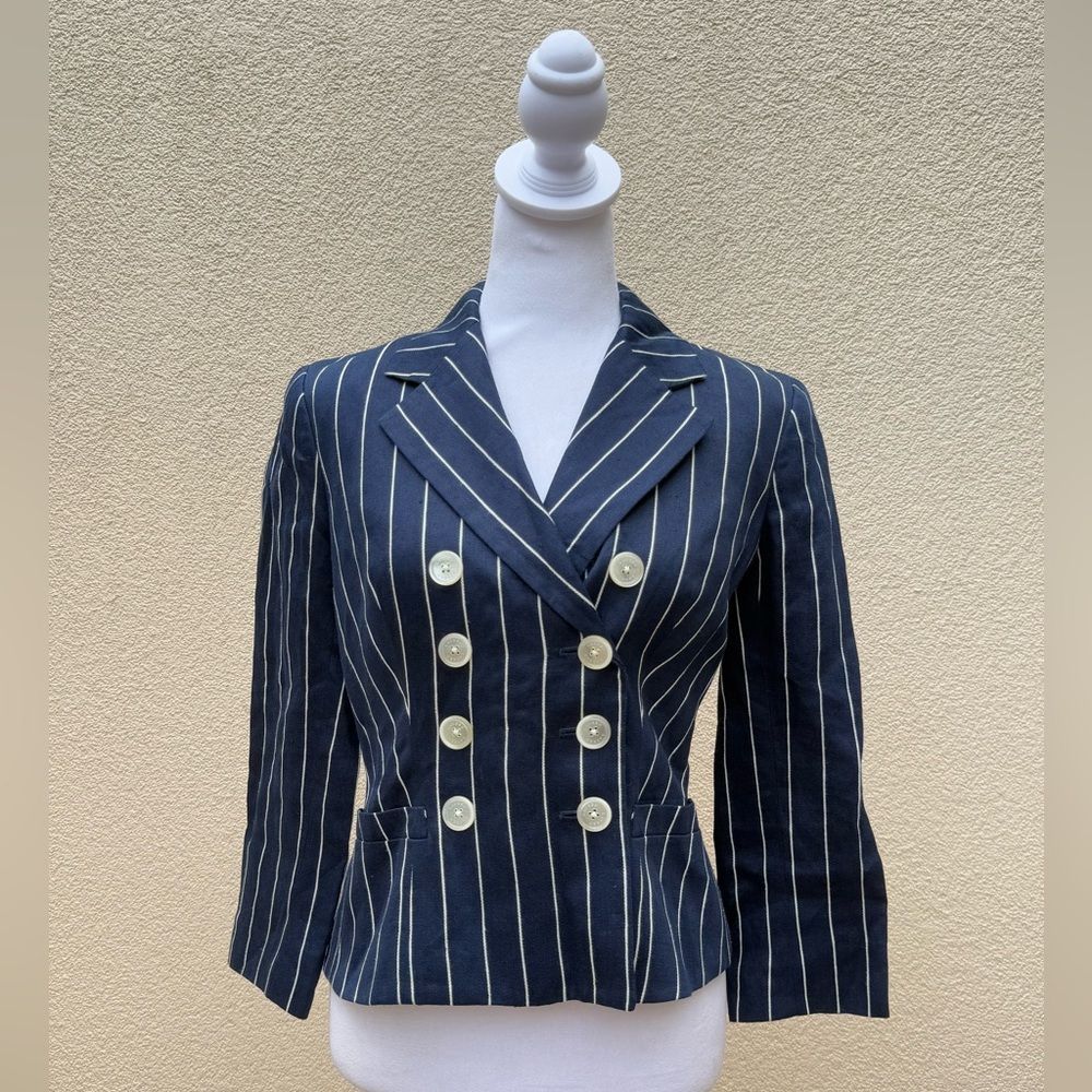 Lauren Ralph Lauren linen white and blue striped double breasted blazer