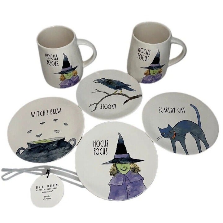 Rae Dunn 6 Inch Halloween Plates set 4 Hocus Pocus Mugs Set 2 All New With Tags