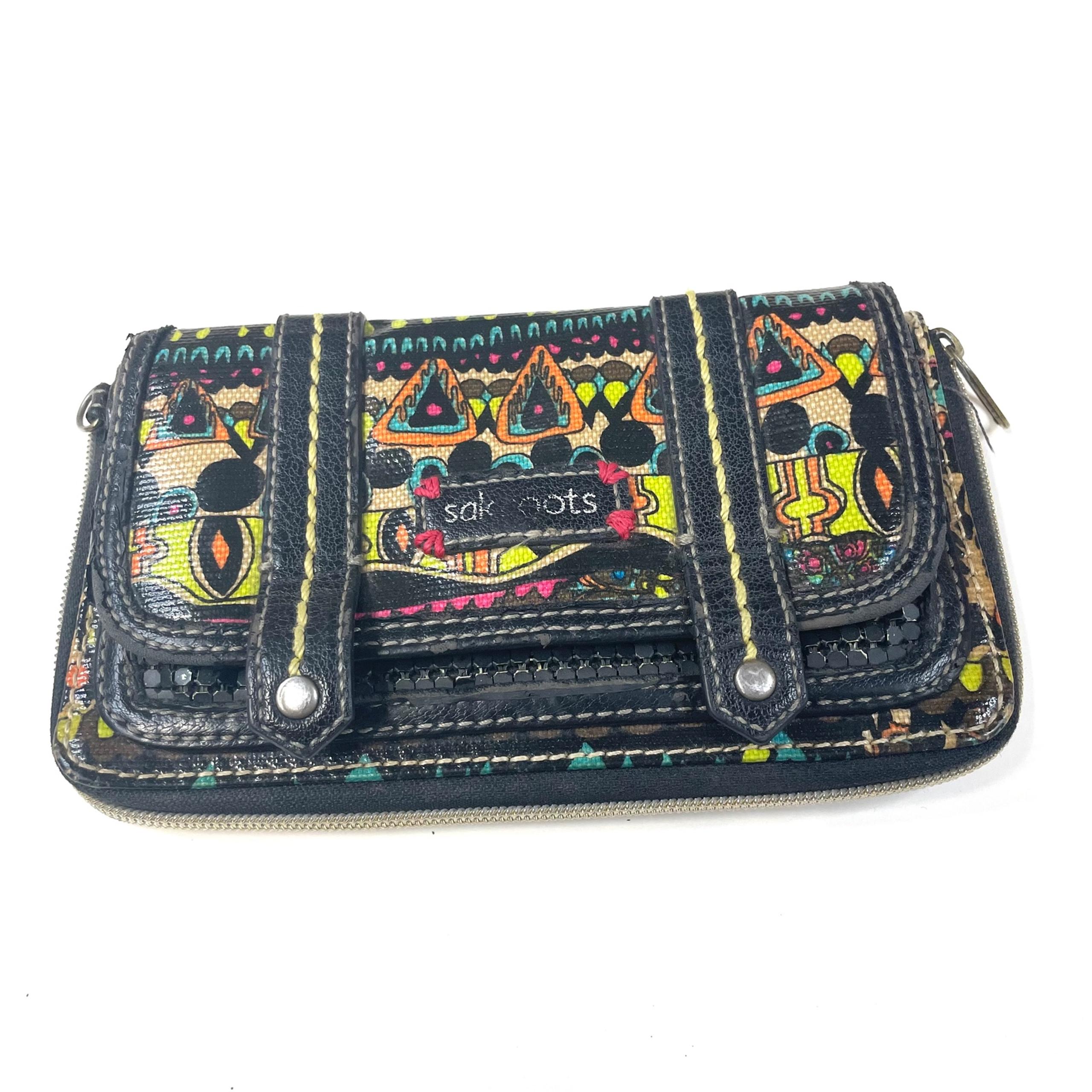 Sakroots Womens Wallet Bifold Zip Around Coated Canvas Black Yellow #0156