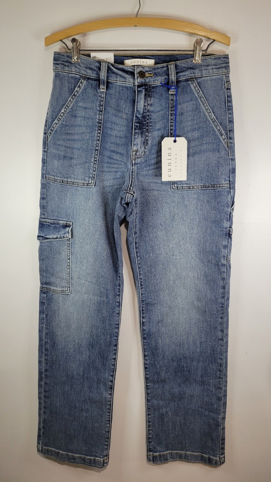 Eunina Womens Medium Wash Cargo Jeans Codi Super High Rise Dad Jean Sz 7/28W NWT