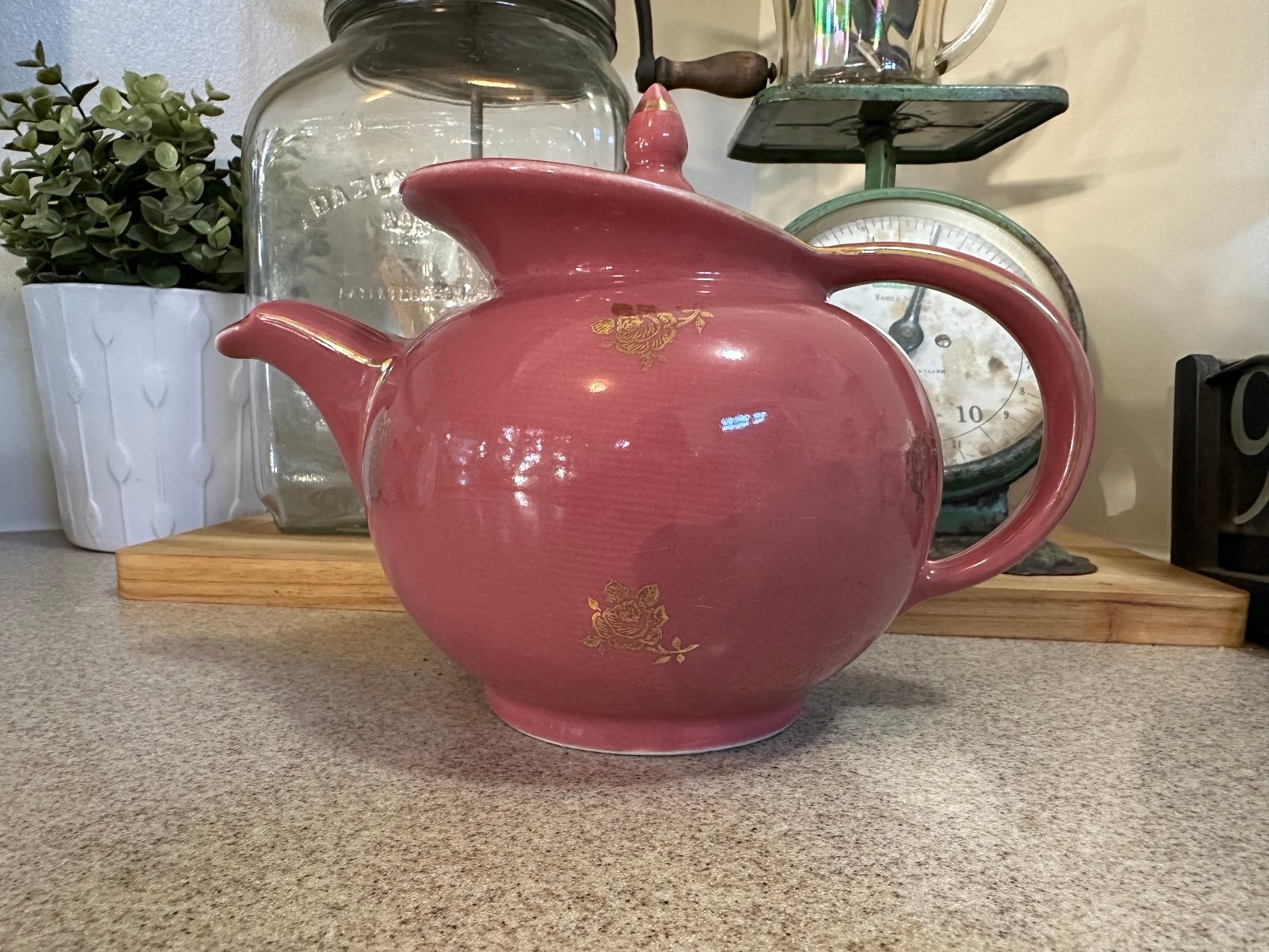 Vintage Hall 0694 Maroon Windshield, 6 Cup Teapot, Gold Trim