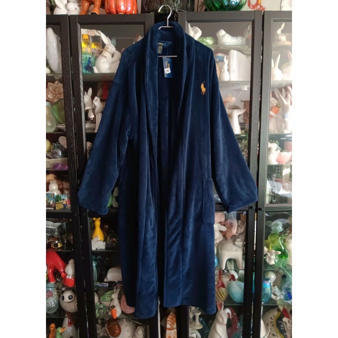 NWT Polo Ralph Lauren Men Shawl Collar Blue Microfiber Plush Velour Robe L/XL