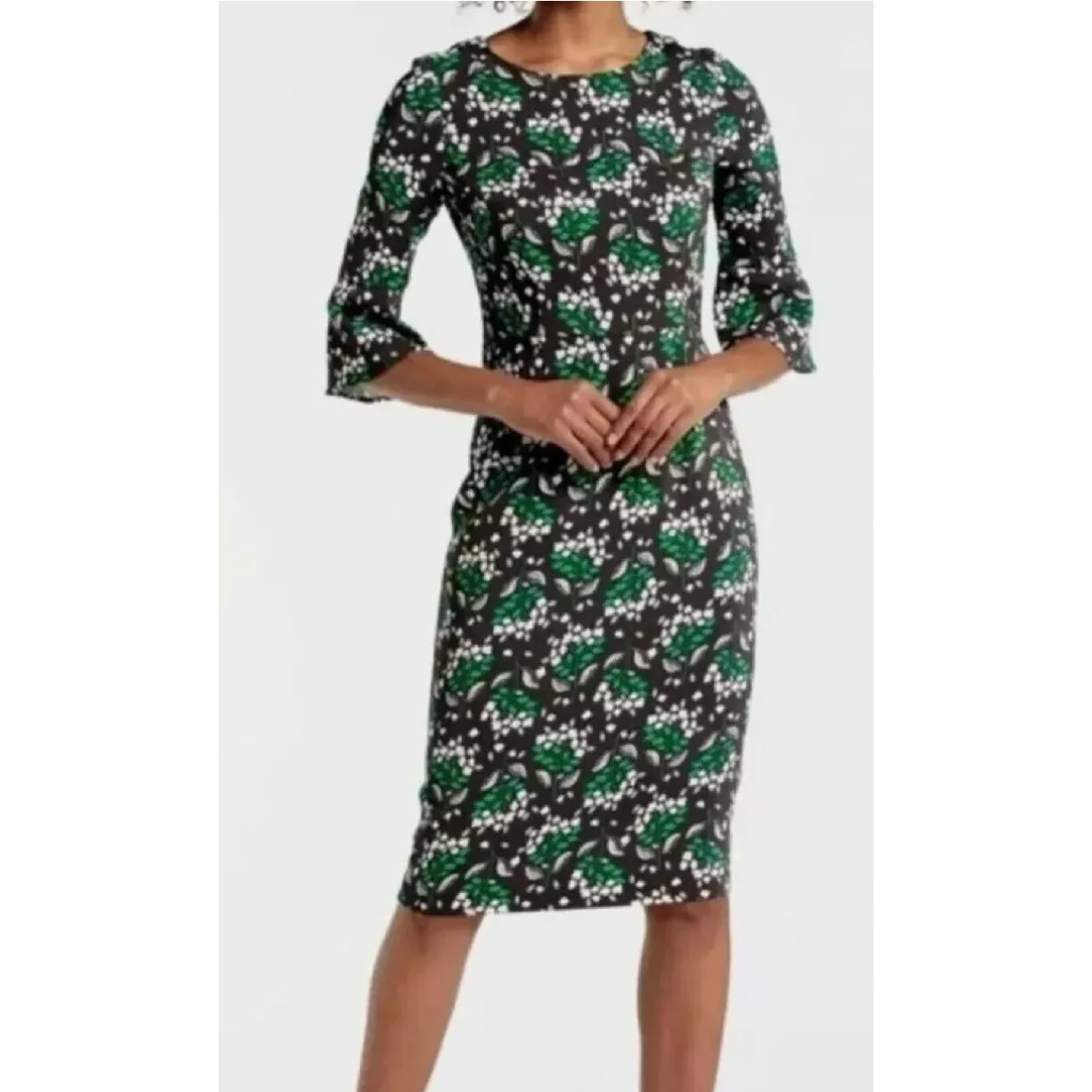 Boden Delia Dress NWOT 10 Green Gray Floral Sheath Bell Sleeve Academia Romantic