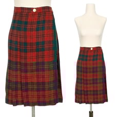 1950s Plaid Skirt 50s Vintage Midi Tweed Wool Red Green XS Fringe ILGWU Pleated