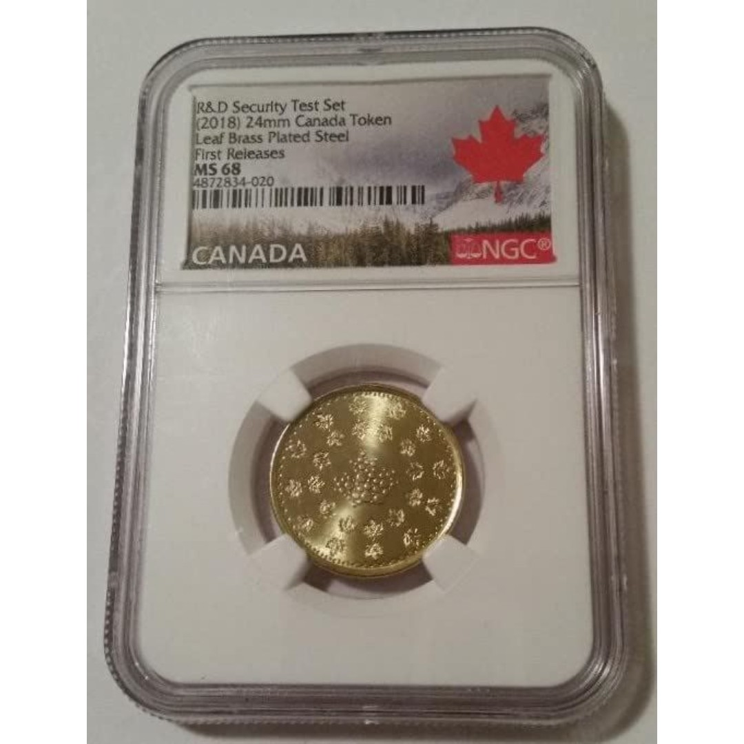 Canada 2018 Test Token Leaf Brass Plated Steel MS68 NGC FR Maple Leaf Label