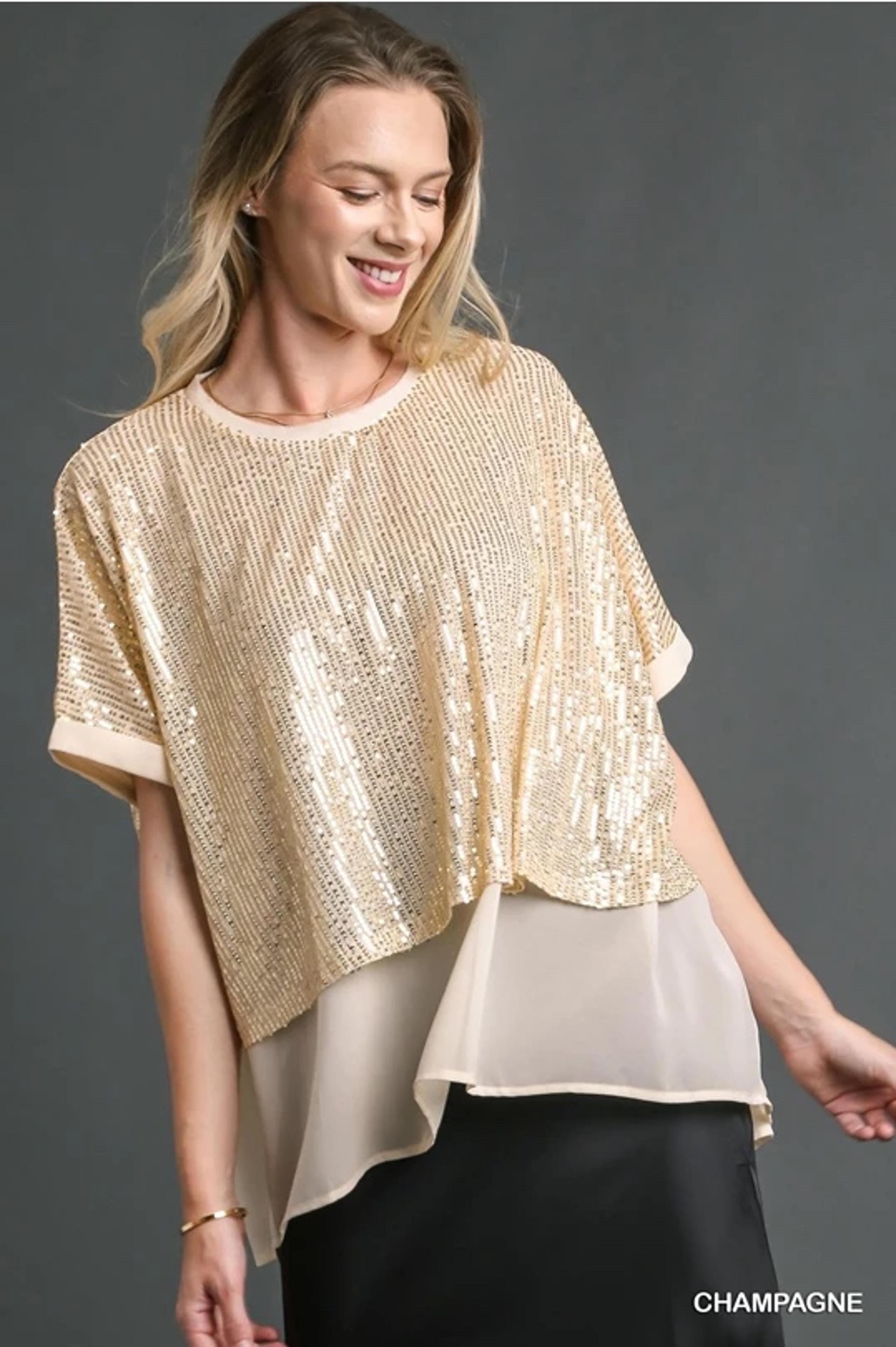 Umgee Sequin Flowy High Low Top Women’s Medium Blouse Layering New Champagne