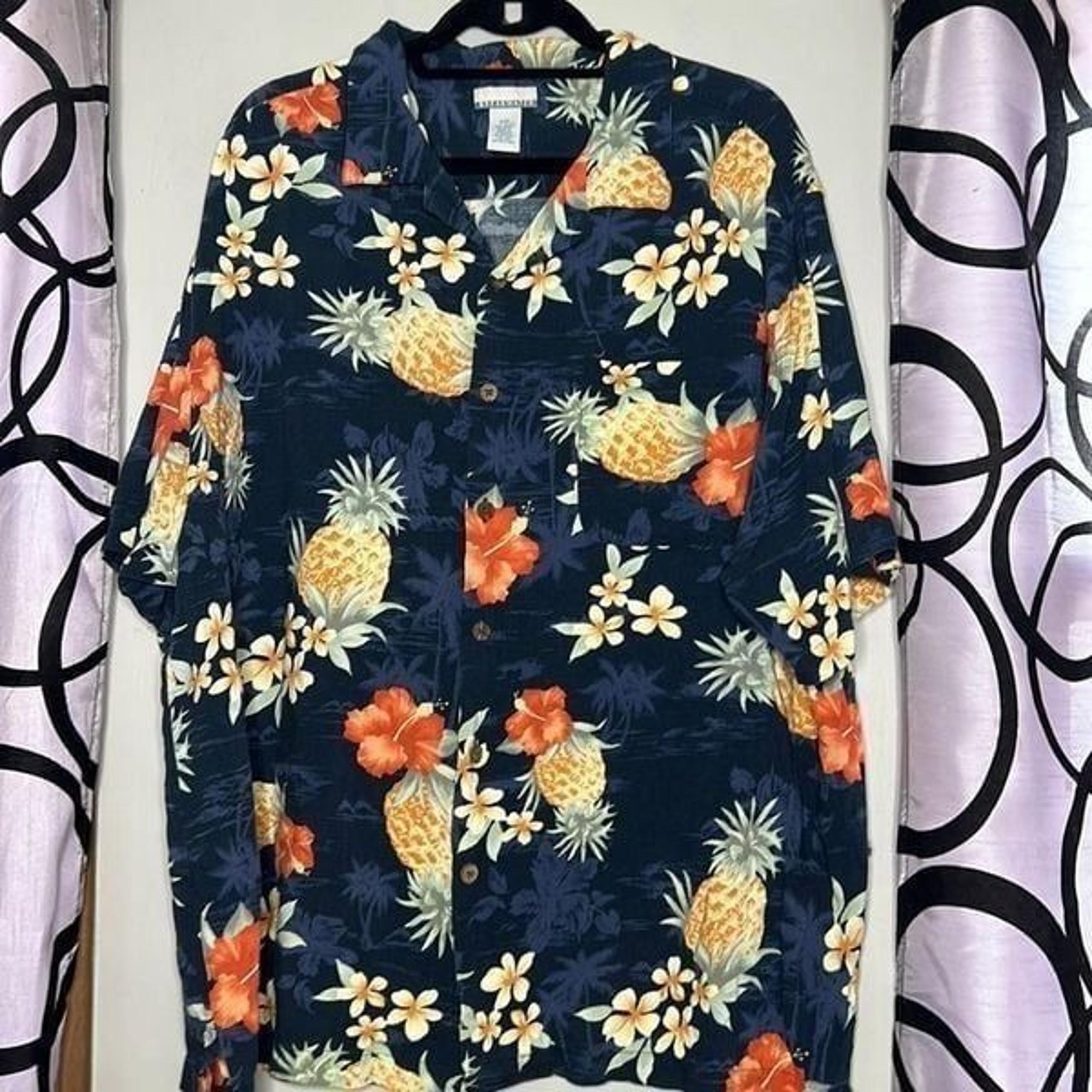 Mens Hawaiian Hibiscus PINEAPPLE Tropical Luau Navy Shirt XXL - Breakwater