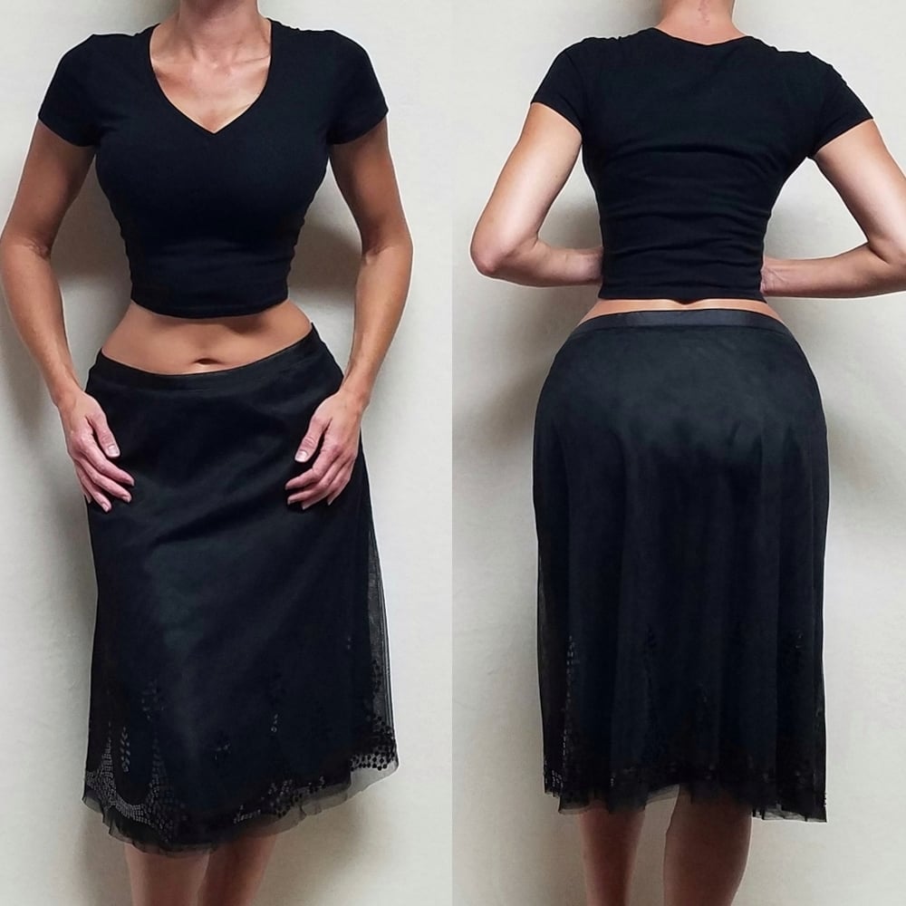 90s Vintage Old Navy Goth Black Mesh Sequin Trim Low Waist Midi Skirt 12