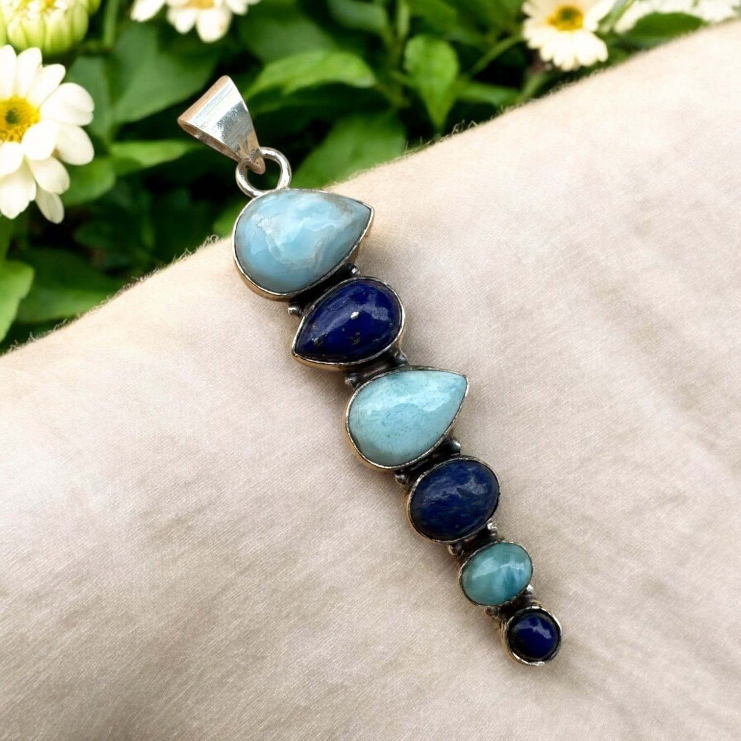Caribbean Larimar & Blue Lapis Solid 925 Sterling Silver Pendant
