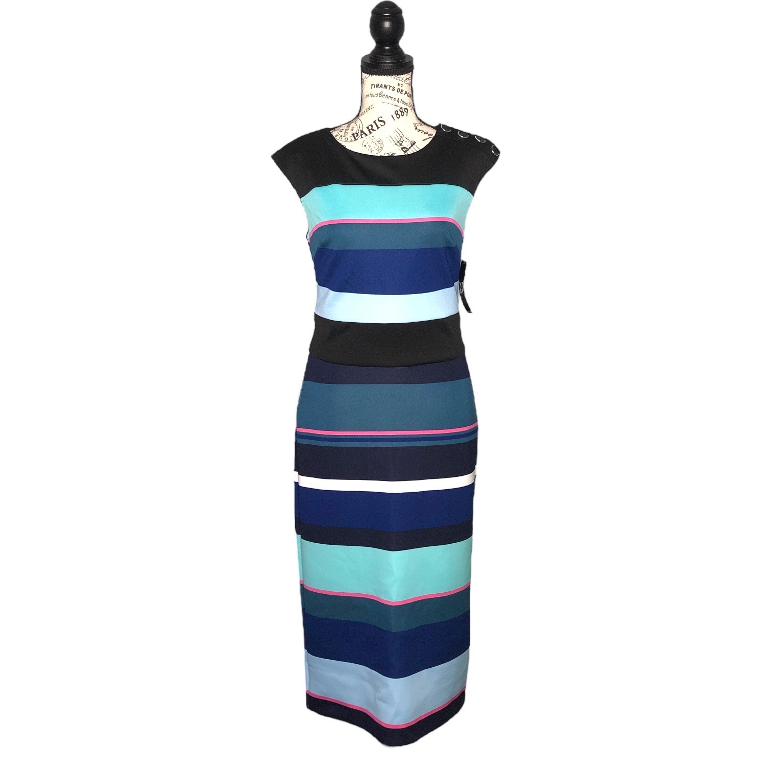 NY&Co X-SMALL Colorblock Striped Sleeveless Button Shoulder Detail Sheath Dress