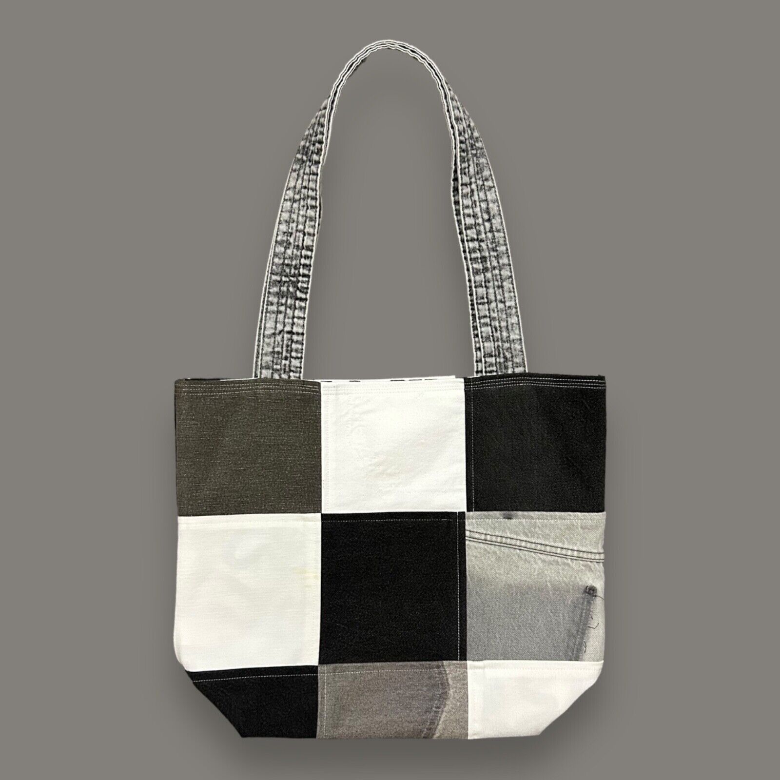 Handmade Patchwork Denim Tote Bag Shoulder Bag 11x5.5x14 Black White Gray