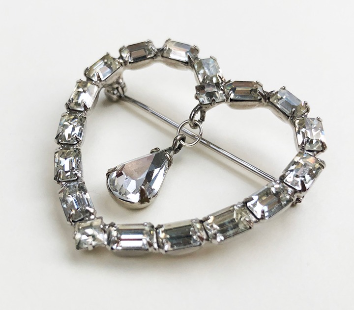 Crystal heart brooch, large rhinestone pin, dainty jacket brooch