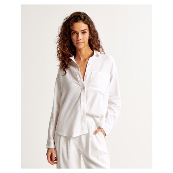 Abercrombie & Fitch Oversized Linen-Blend Step Hem Shirt Beige Size Small