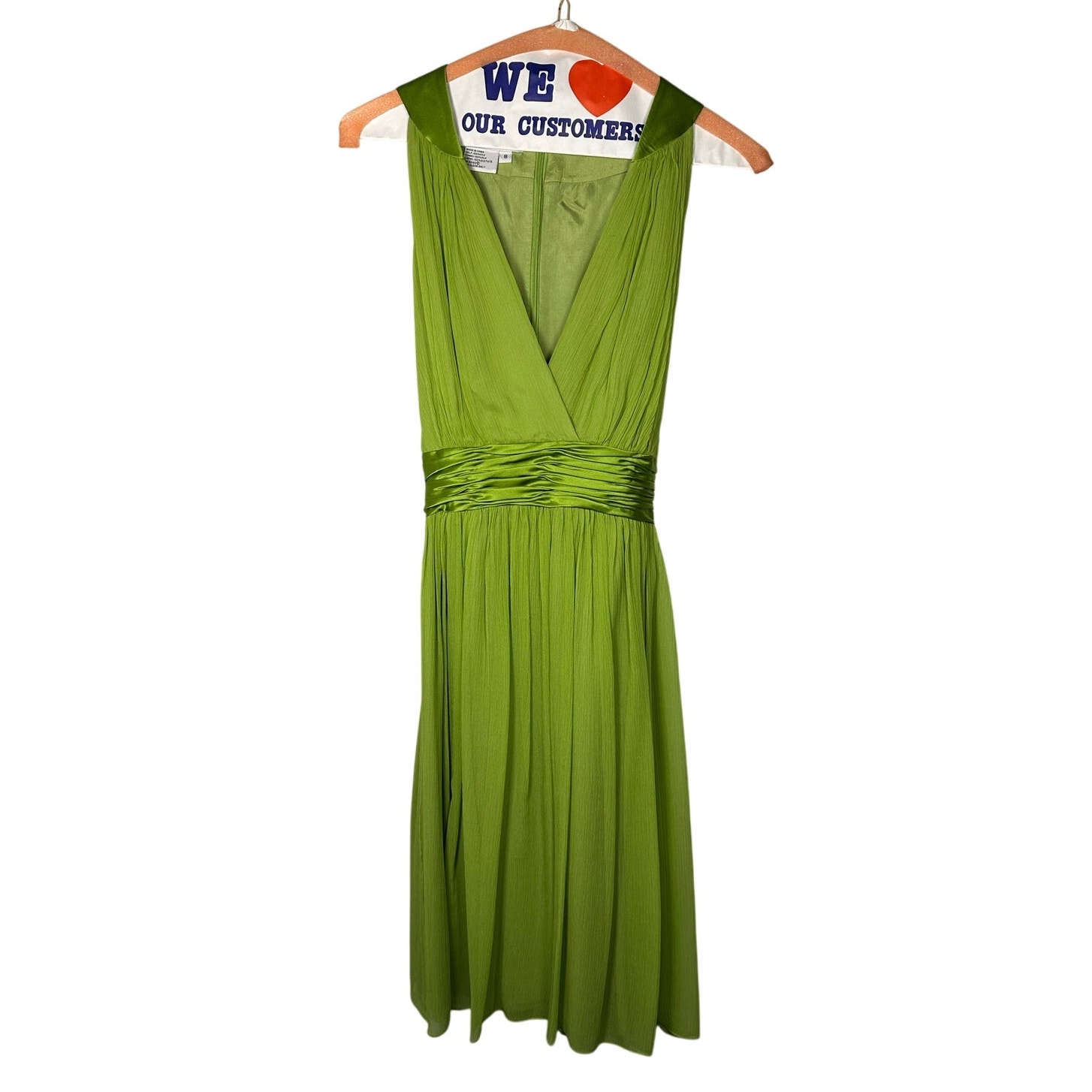Maggy London 100% Silk Green V-Neck Sleeveless Dress Size 8