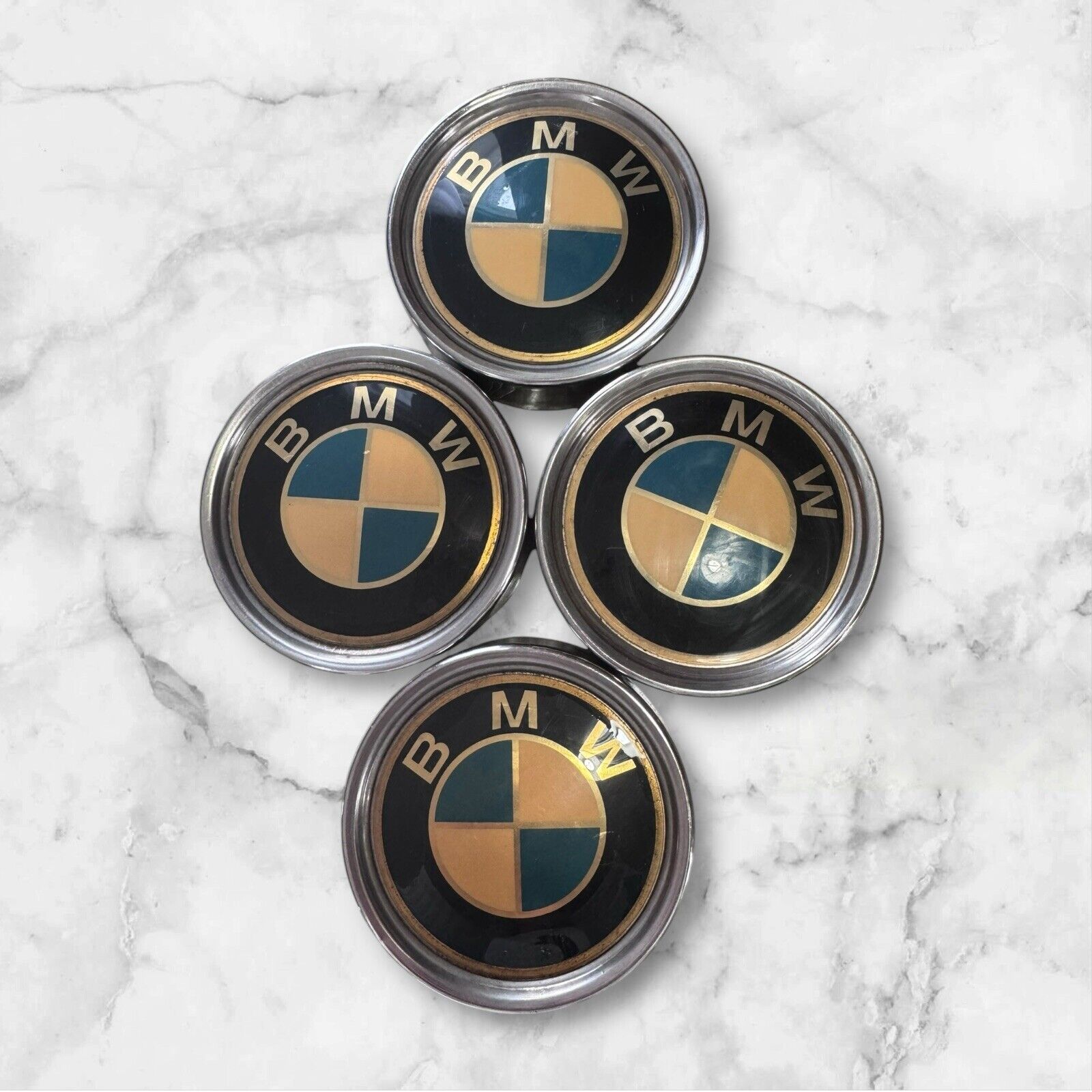 Wheel Center Caps BMW Set Of 4 Yellow Blue Clean Vintage
