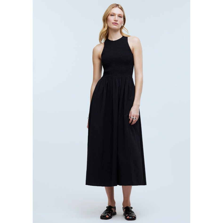 Madewell The Melody Smocked Midi Dress Crinkle Texture True Black Small NEW