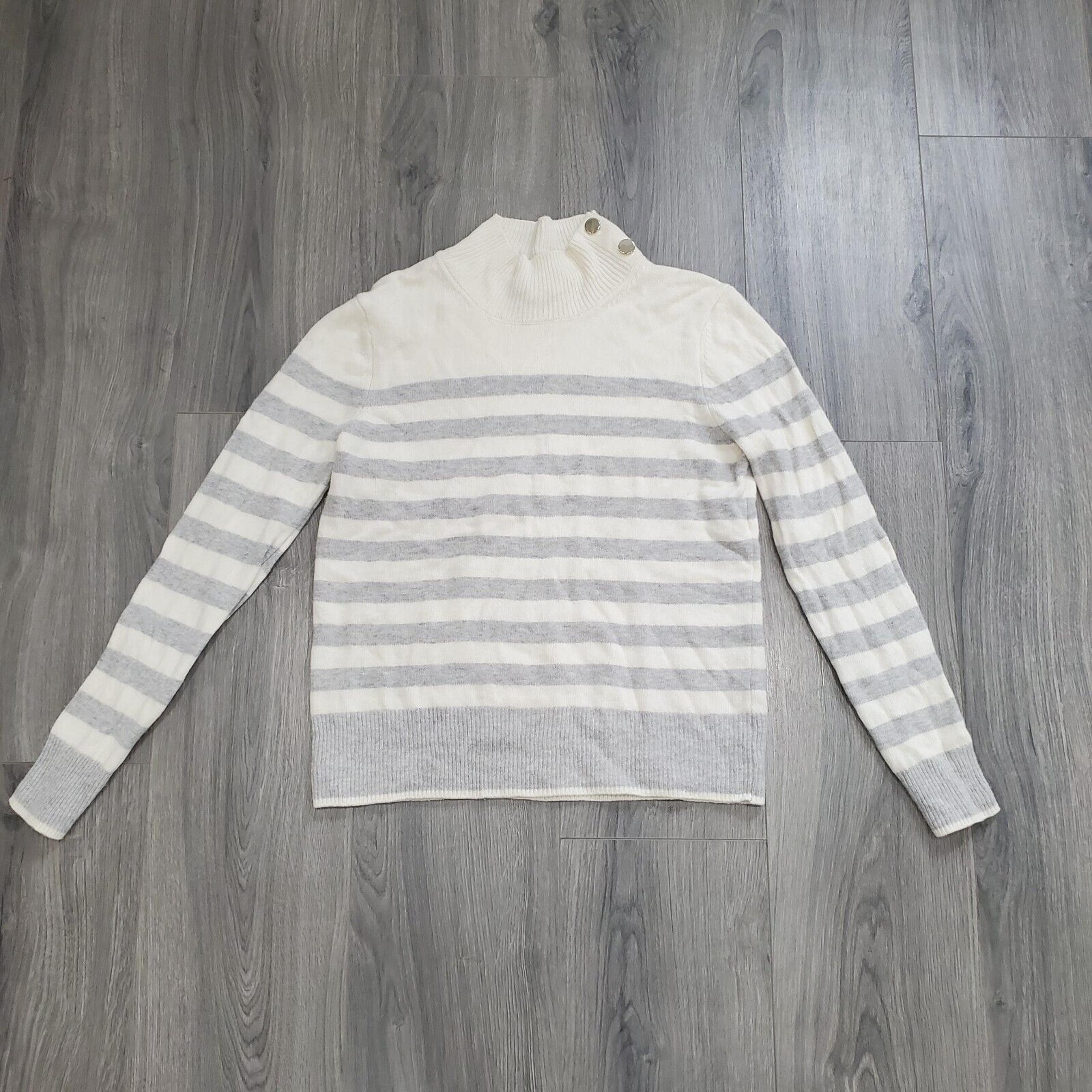 Magaschoni Sweater Women's L Cashmere Wool Blend Ivory Gray Stripe Mock Neck