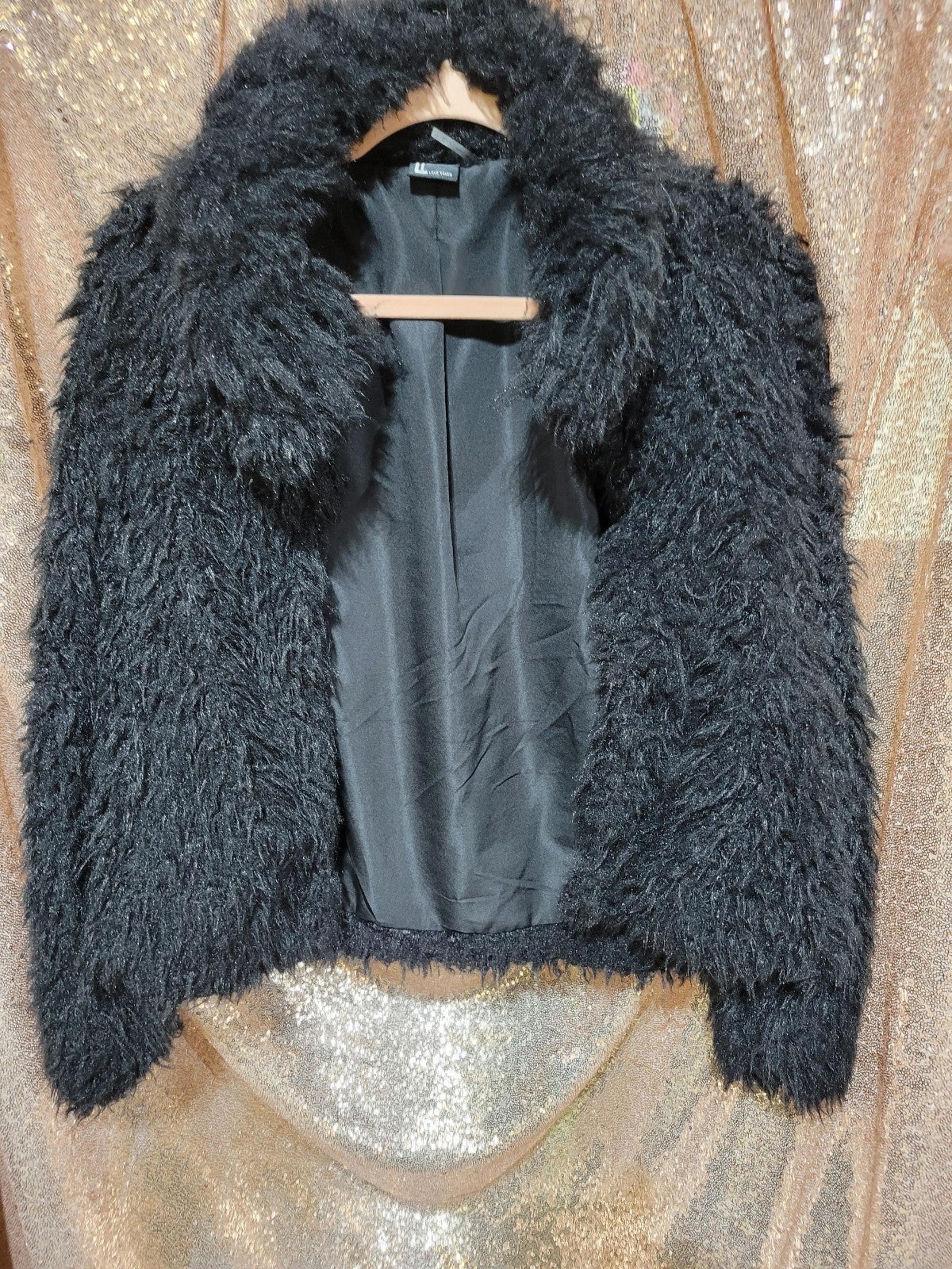 Black Faux Fur Fuzzy Jacket. Size M. Lightweight. Satin lined. - Love Token