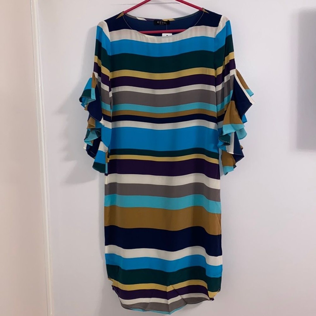Otte NY Striped Ruffle Sleeve Dress 100% Silk Size XS NWT