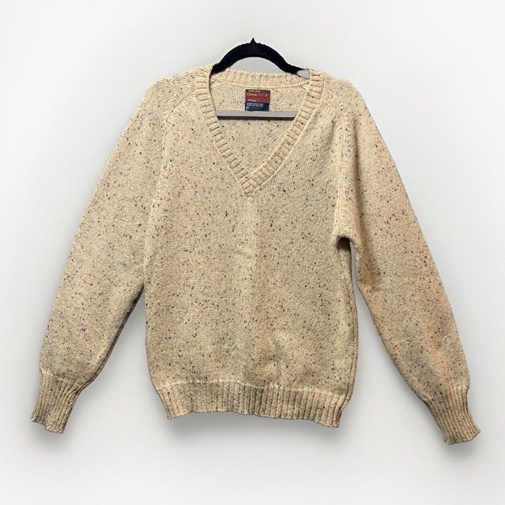 Vintage V Neck Wool Sweater M JCPenney 70s 80s Flecked Donegal Beige Pullover