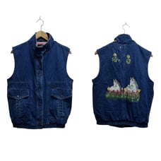 VTG 80's Uzzi Retro Denim Vest Jacket M Snap Button Pockets Hand Painted Horses