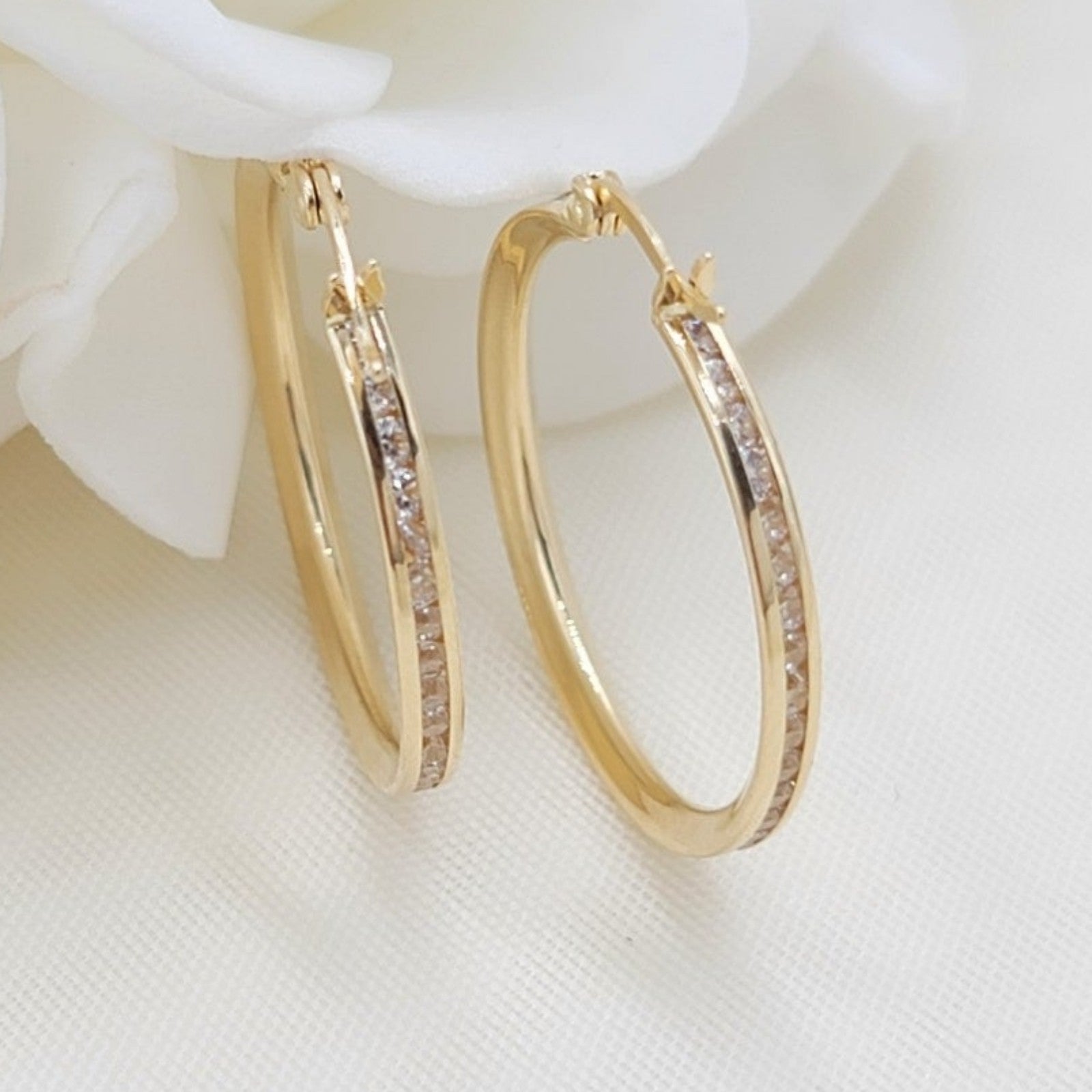 Solid 14k Gold CZ Hoop Earrings