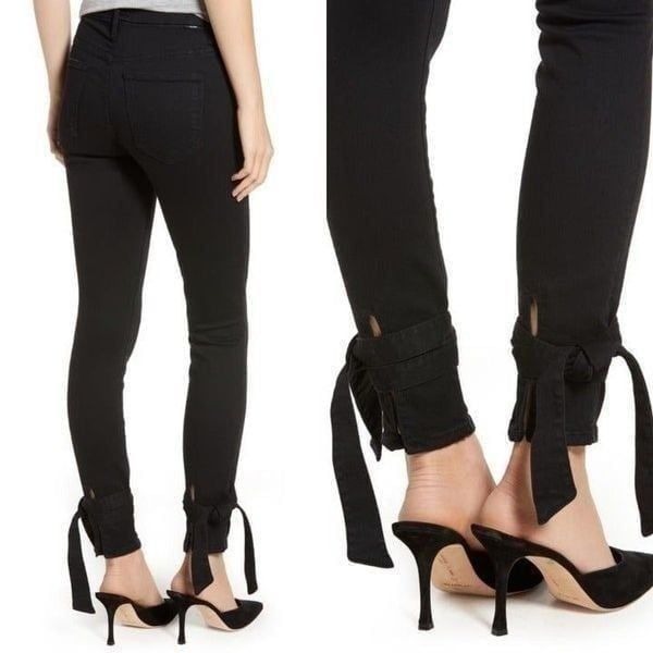 Mother High Waisted Tie Bow Looker Ankle Black Skinny Jeans Not Guilty Wash 24