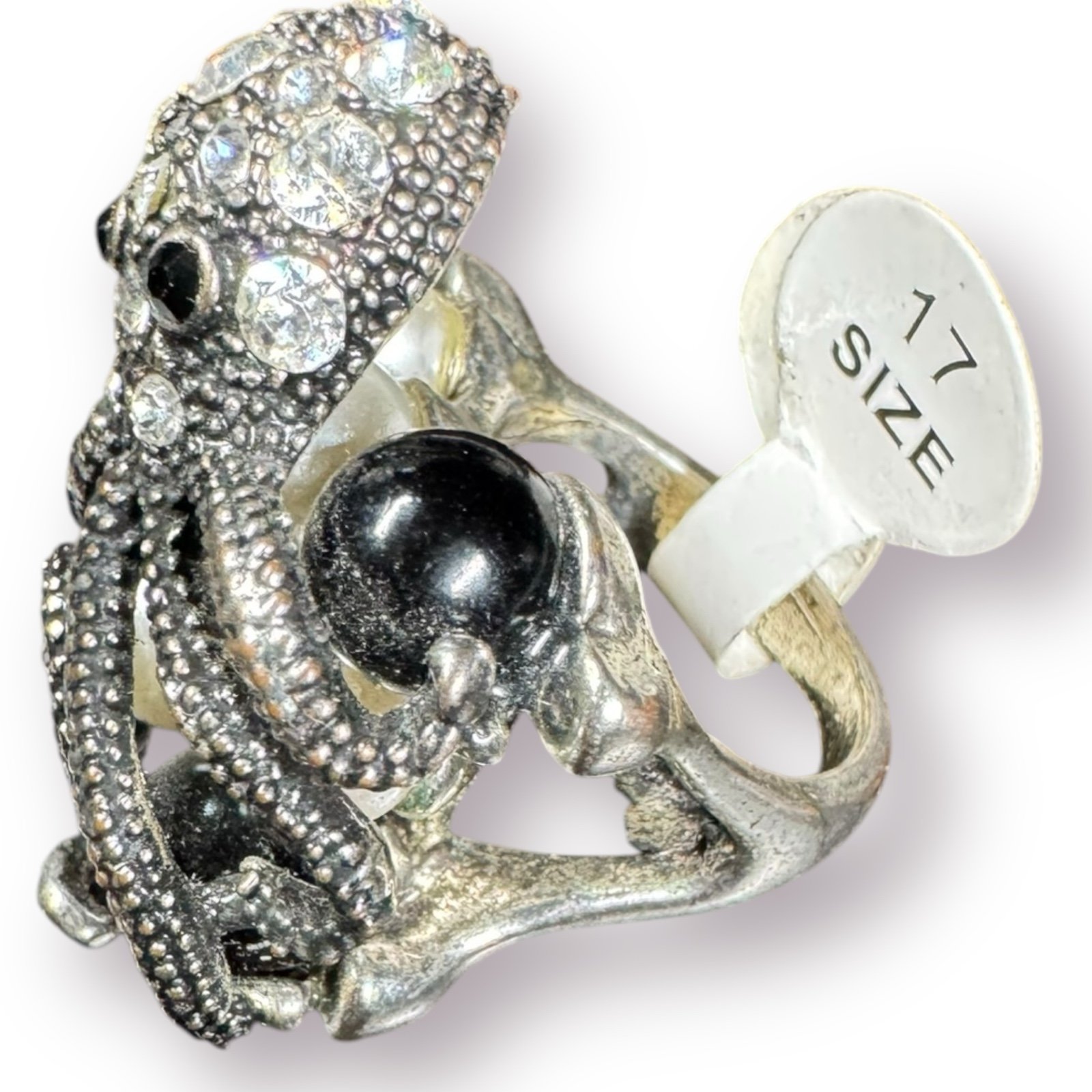 Silver Octopus Multi Color Pearl Ring Vintage Size 17 Retro Rhinestone Gothcore