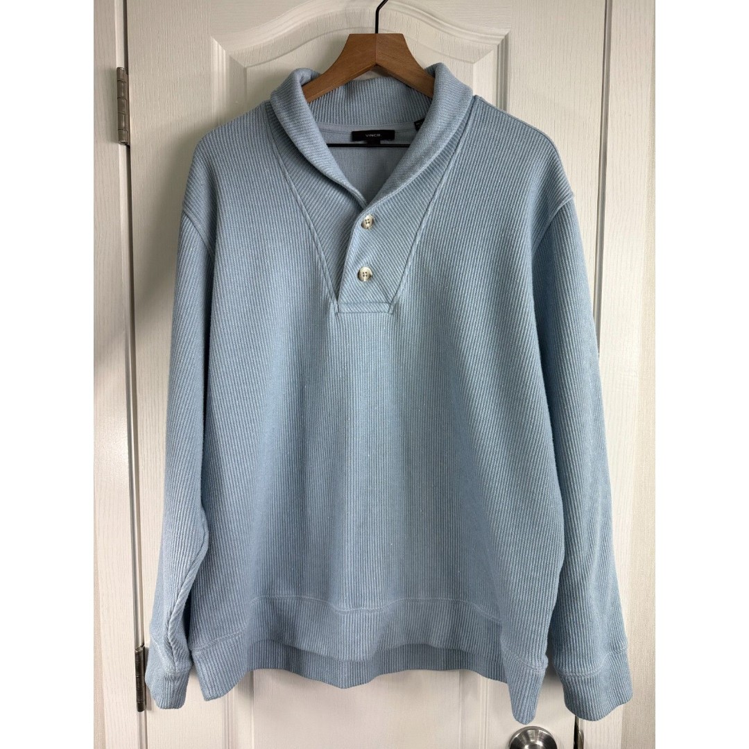 Vince Men's Double Knit Shawl Collar Henley Pullover Morning Blue Size XL