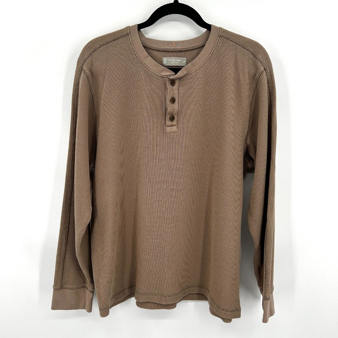 EVERLANE Brown Henley Waffle Knit Long Sleeve Thermal Crew Neck Shirt Size XL
