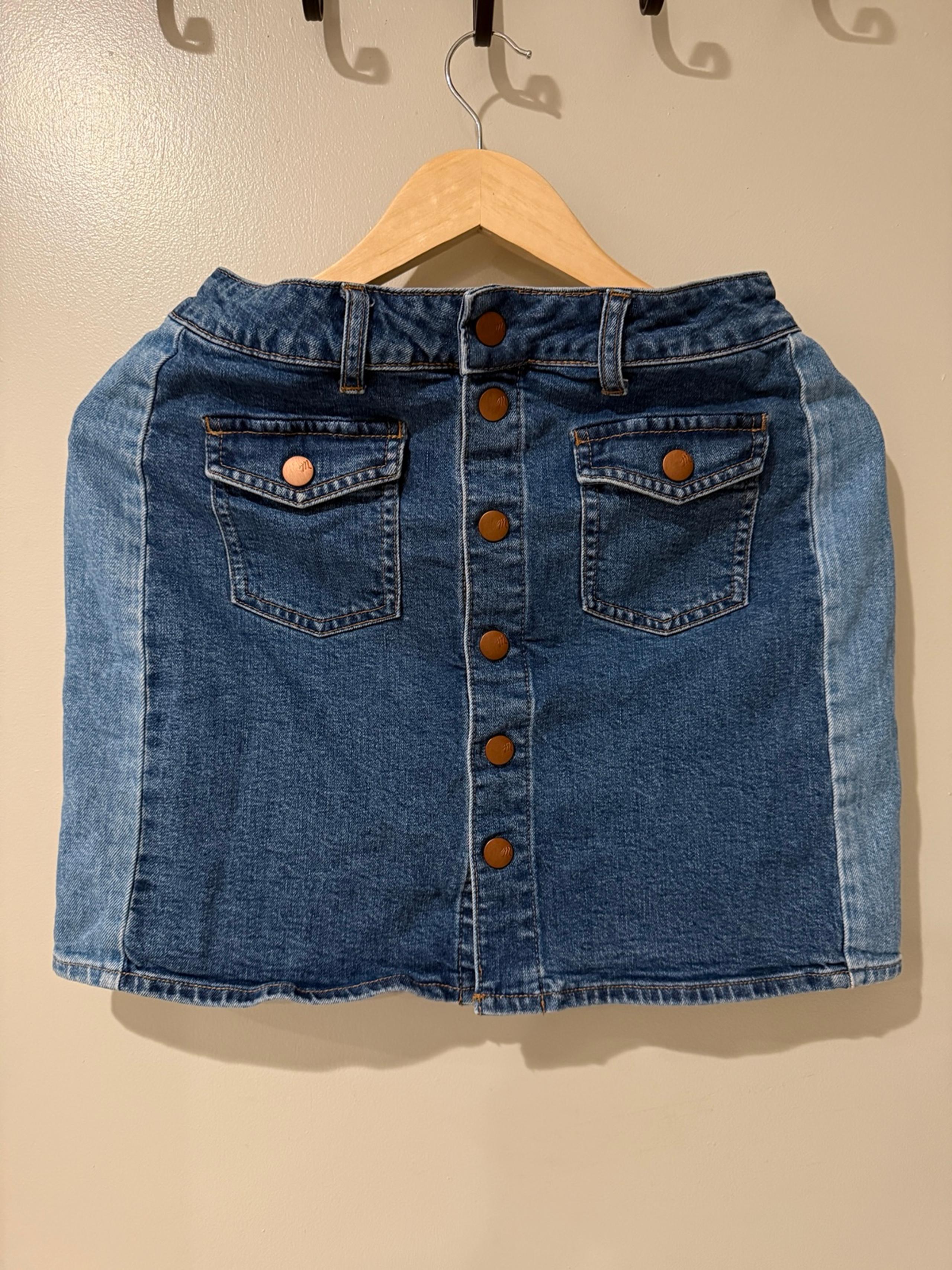 Madewell Pieced Edition Denim Straight stretchy button down Mini Skirt size 27
