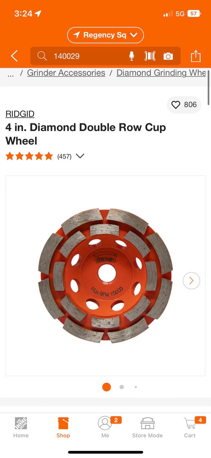 RIDGID 4 in. Diamond Double Row Cup Wheel