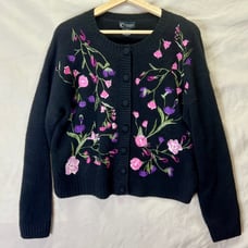 Bloomingdale's 100% Cashmere Black Floral Embroidered Cardigan Cottage Grandma