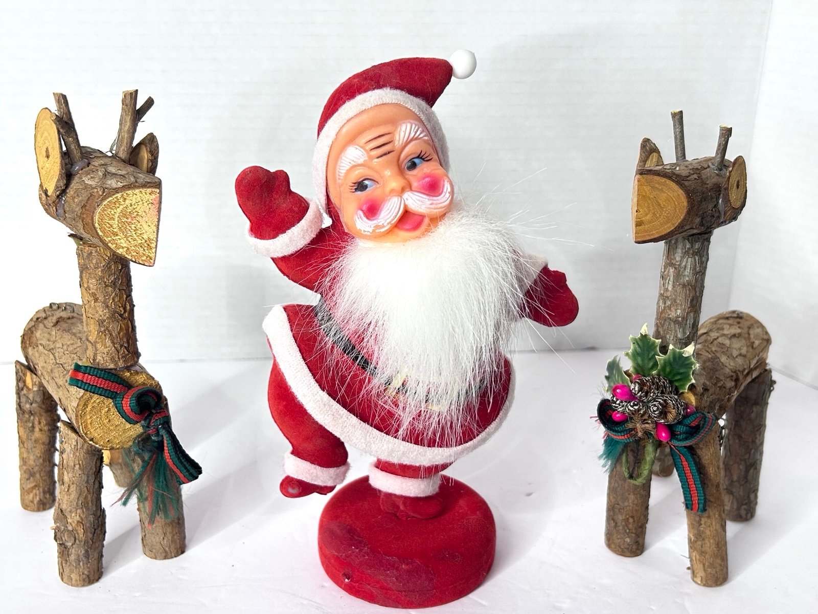 Vintage Dancing/ Waving Flocked Mid Century Santa with 2  Vintage Wooden Deer