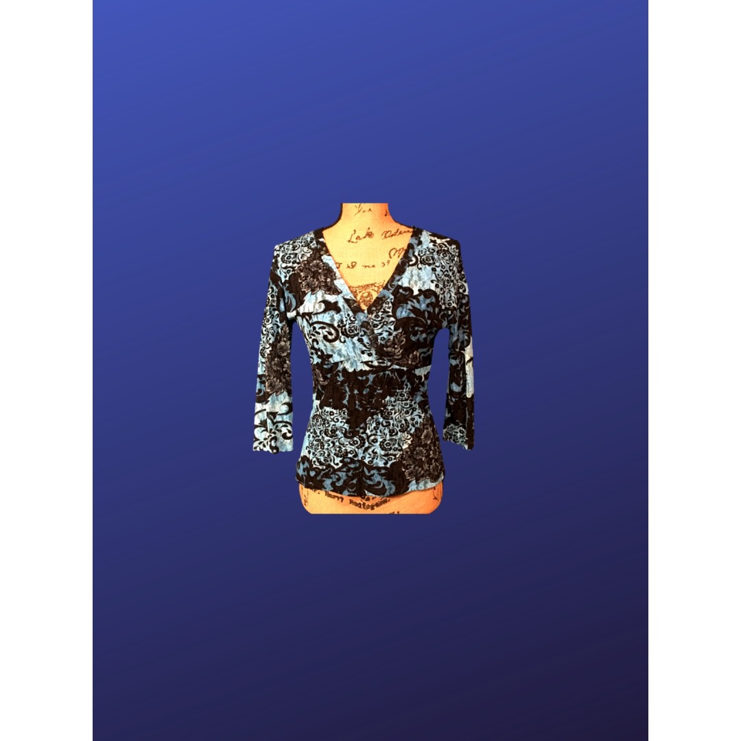 INC INTERNATIONAL CONCEPTS Lace Overlay Top, BLUE/BLACK FLORAL, Size M, NWOT