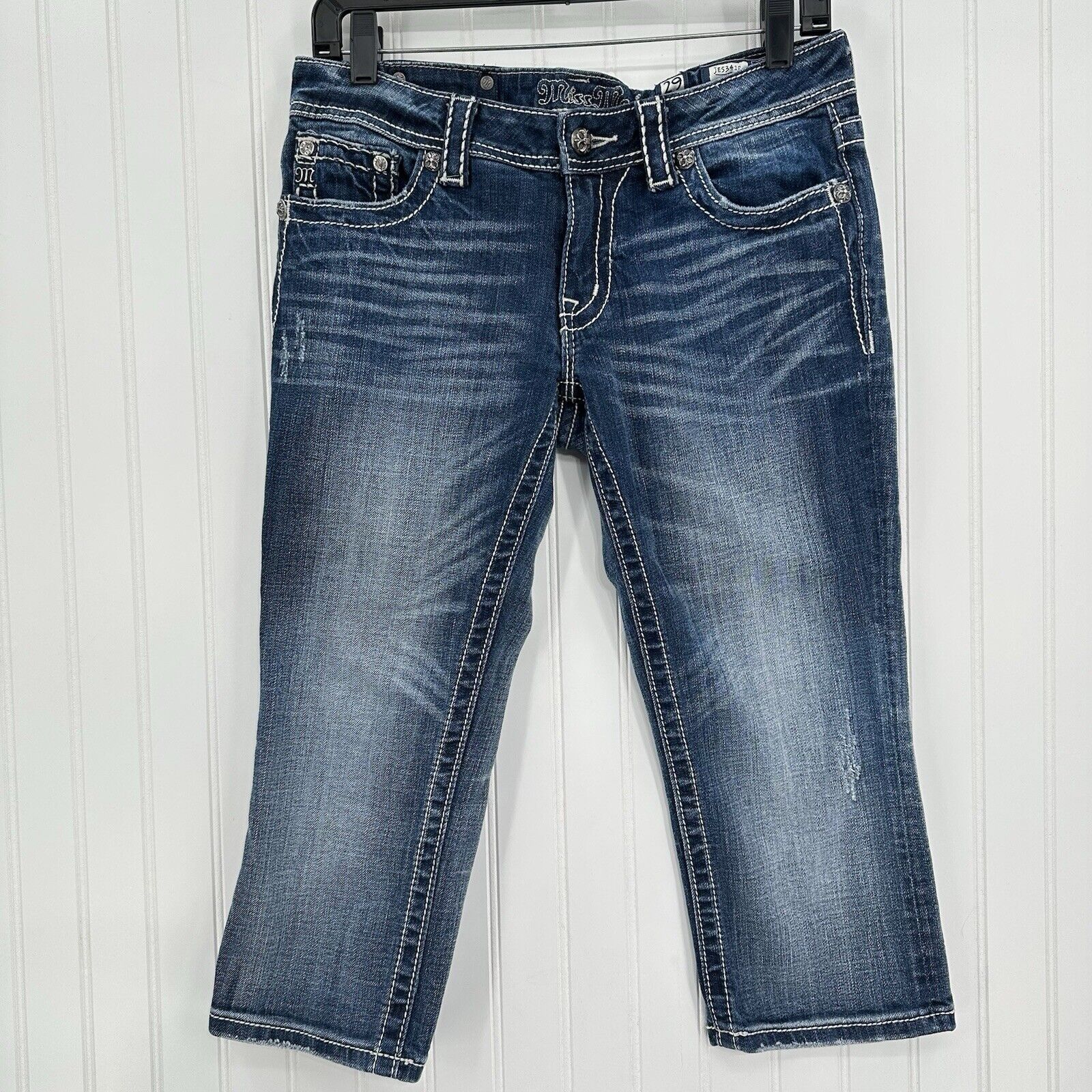 Miss Me Jeans 29 Capri Embroidery Rhinestones Distress Denim Y2K Western *Flaw