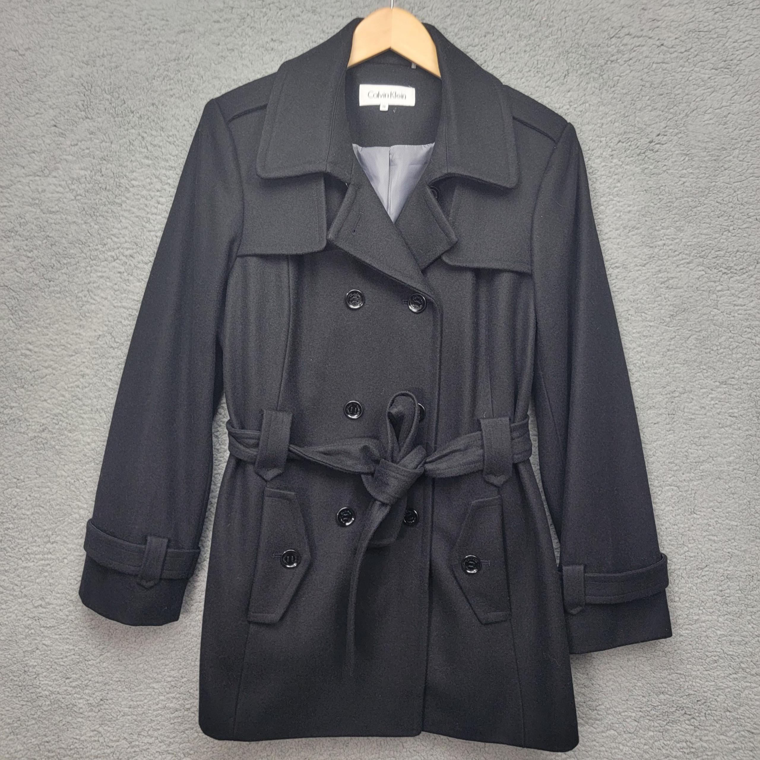 Calvin Klein Women's Wool Blend Double Breasted Pea Coat Belted Black Size 14.