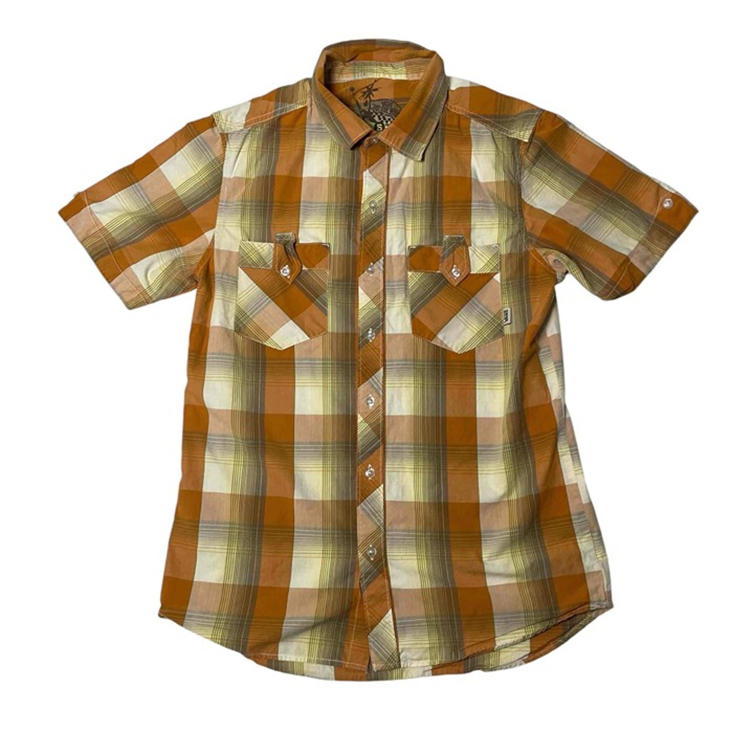 Volcom Men's Small Tan Plaid Short Sleeve Button Up Shirt Casual Y2K Retro